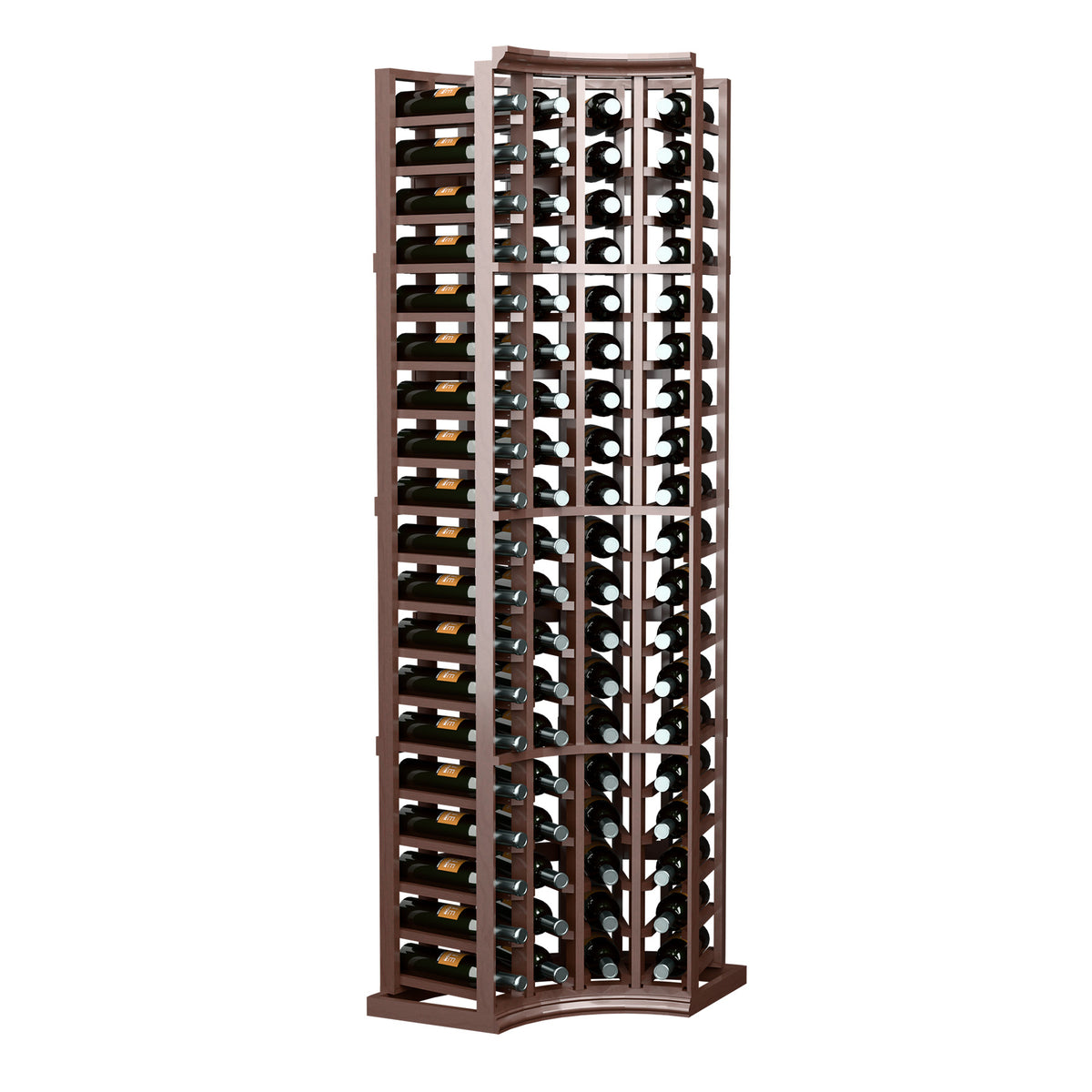 6FT wine rack with curved corner frame, dark brown wood, holds bottles in 4 columns