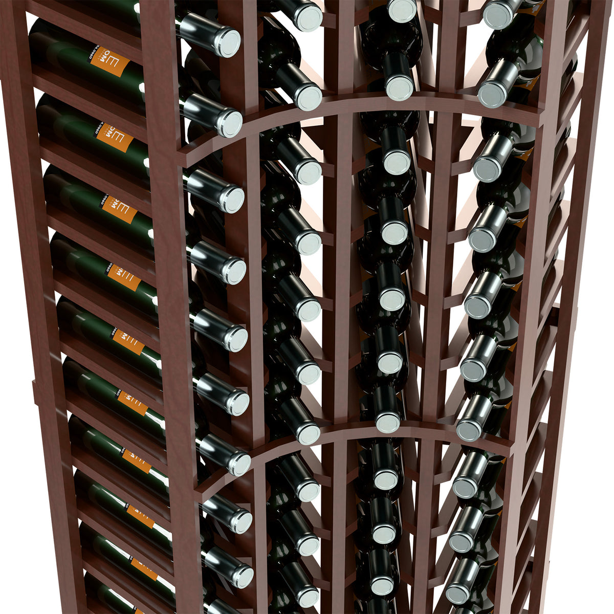 Close-up of 4-column wine rack: dark brown wood grid holding green and black bottles