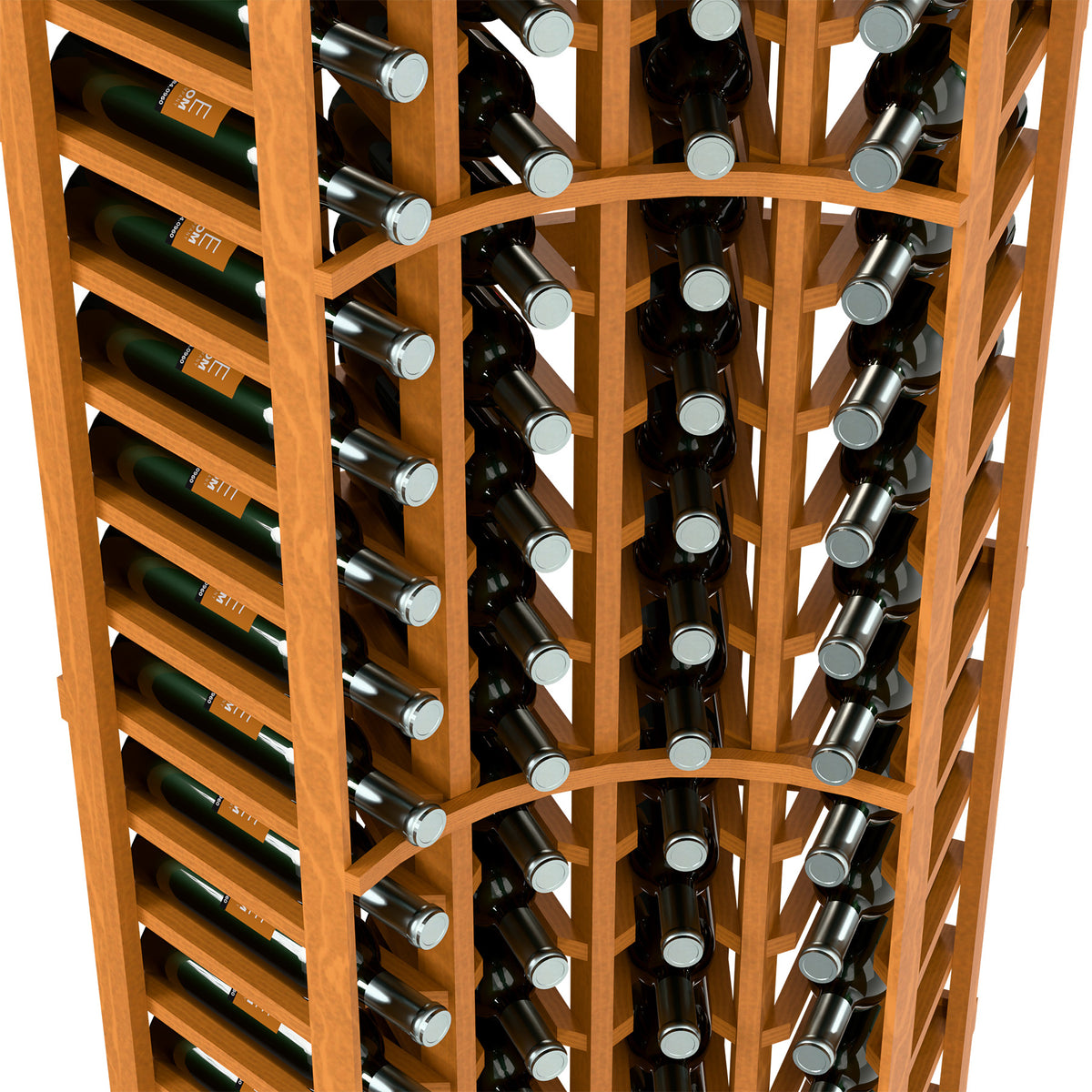Close-up of 4-column wine rack: natural wood grid holding green and black bottles