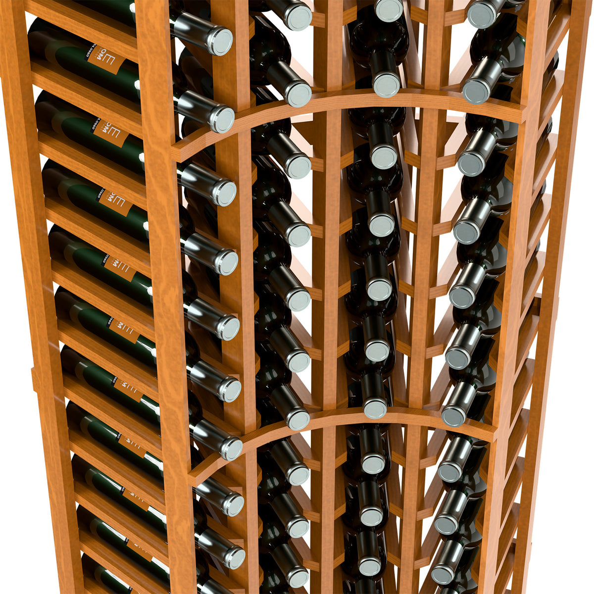 Close-up of 4-column wine rack: warm wood frame with bottle slots and metal bottle rests