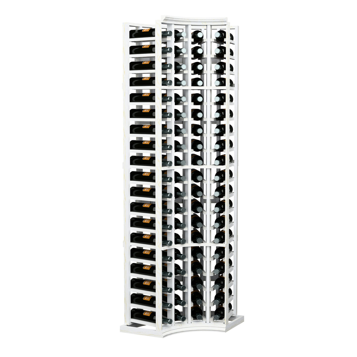 6FT wine rack with curved corner frame, white painted wood, holds bottles in 4 columns