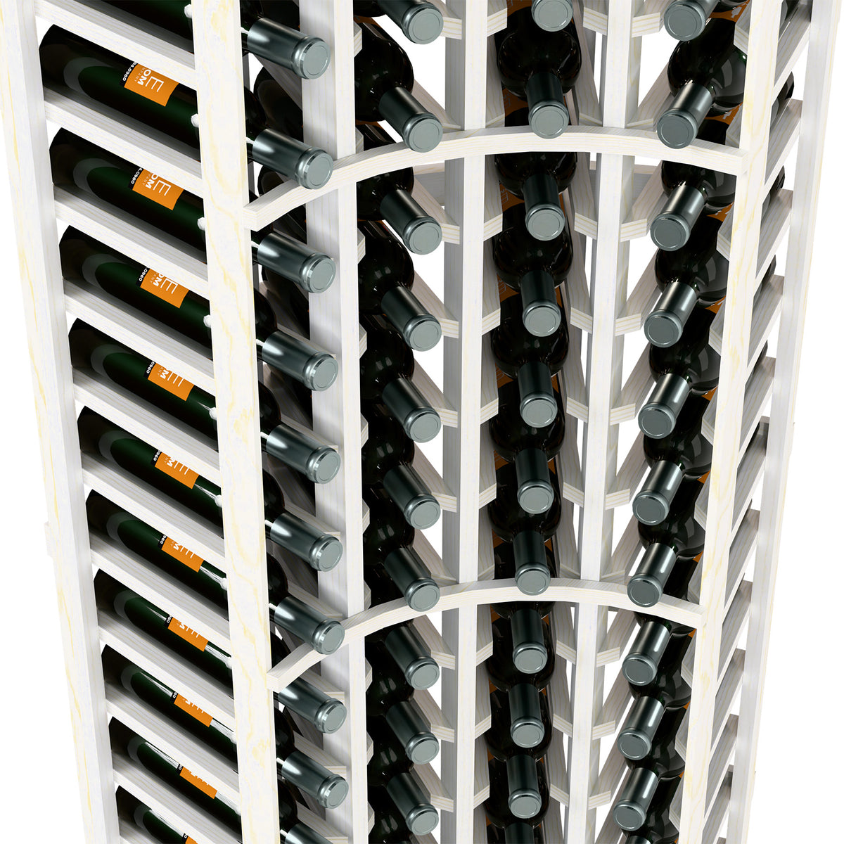 Close-up of 4-column wine rack: white wood grid holding green and black bottles
