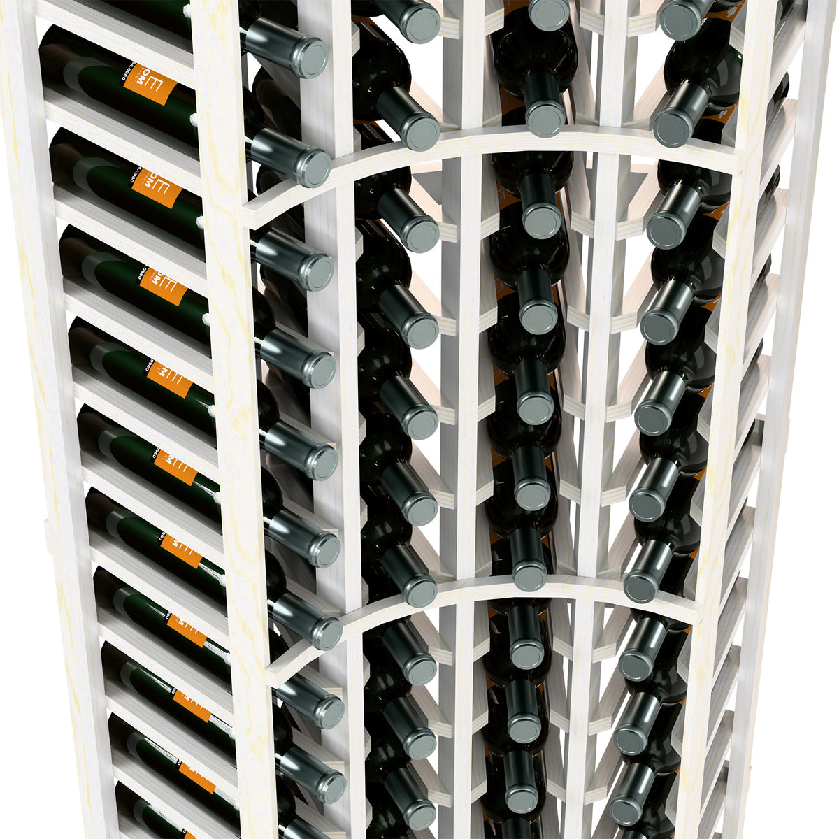 Close-up of 4-column wine rack: white wood frame holding green and black bottles