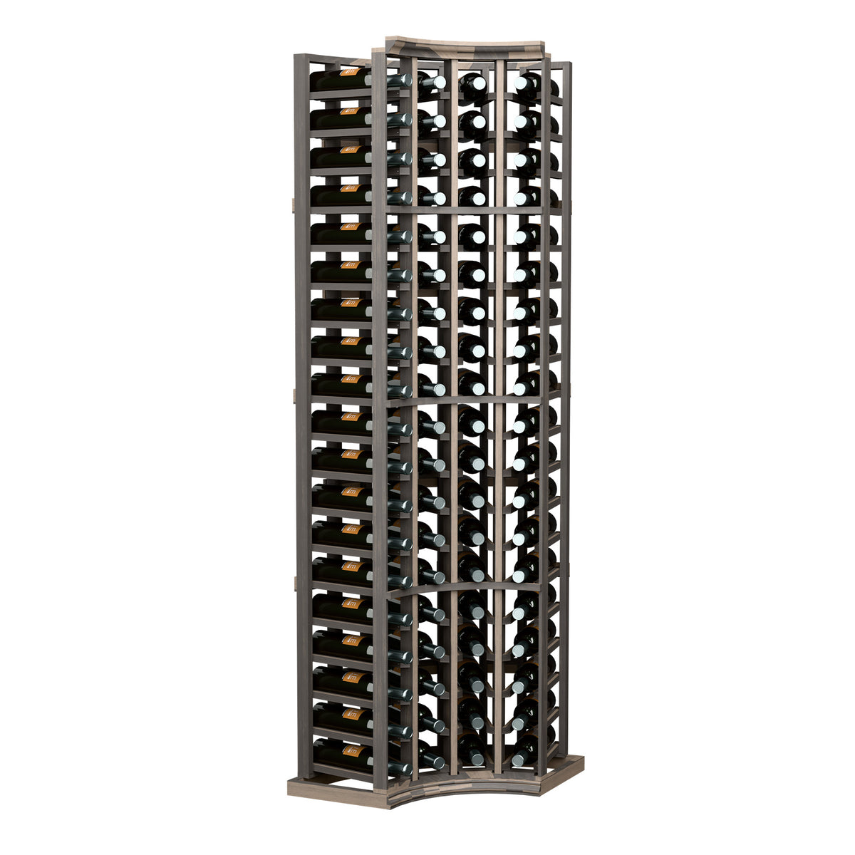 Wine bottle rack with curved corners, dark wood frame, holds bottles in grid columns