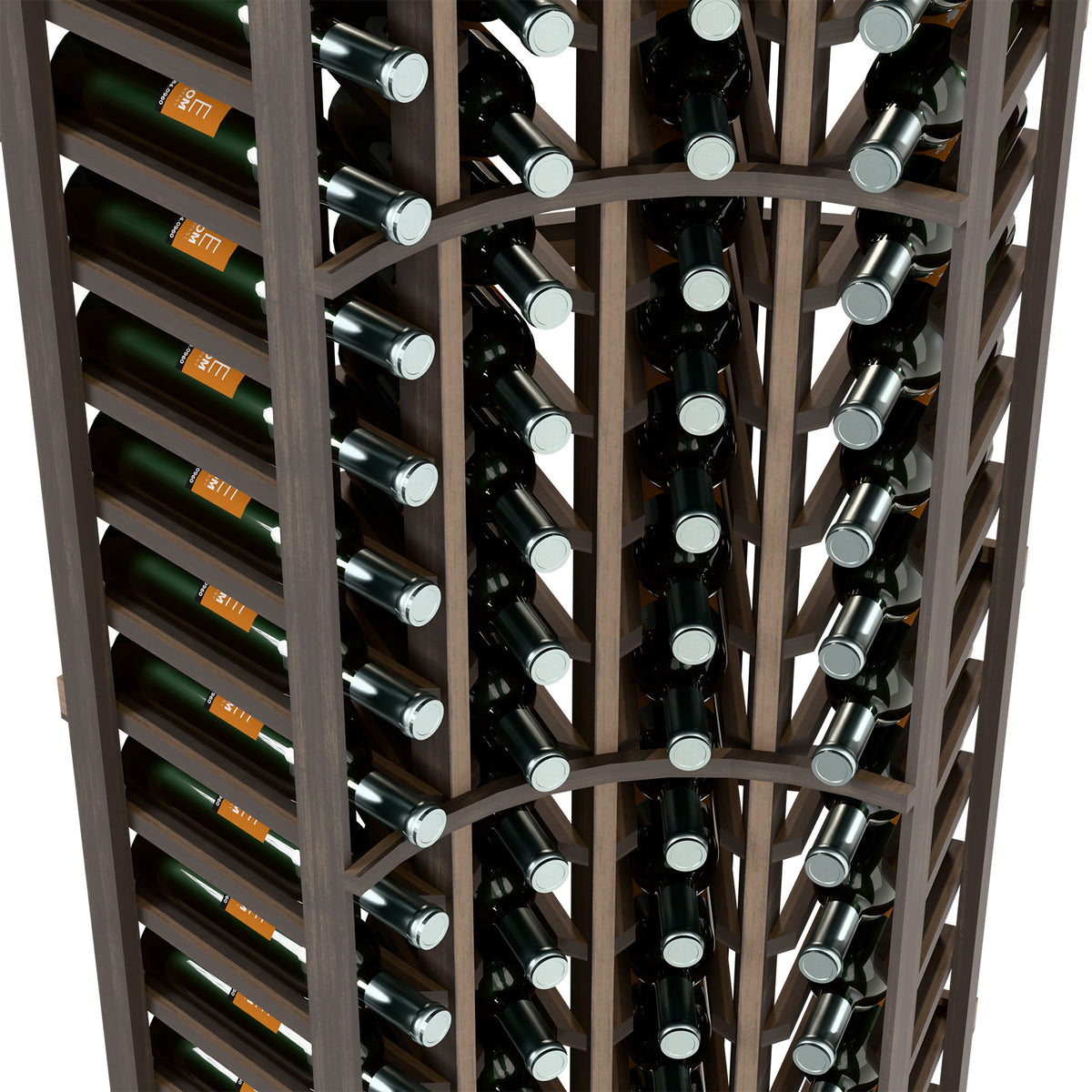 Wine bottle rack interior showing multiple bottle rows in a dark wood lattice frame