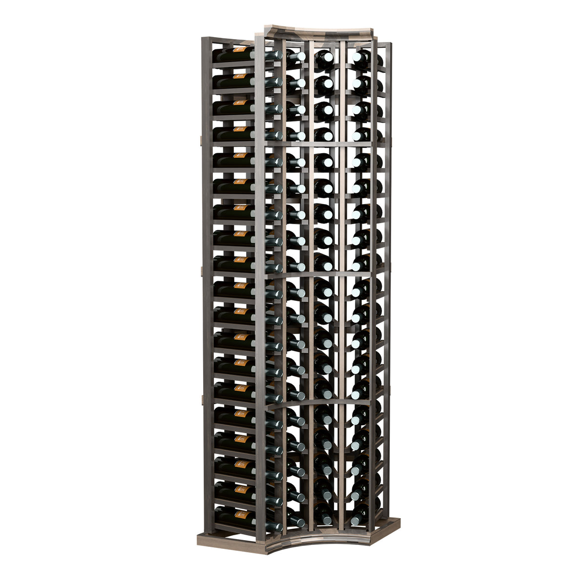 Standing wine bottle rack with curved corner design, dark frame with bottle slots