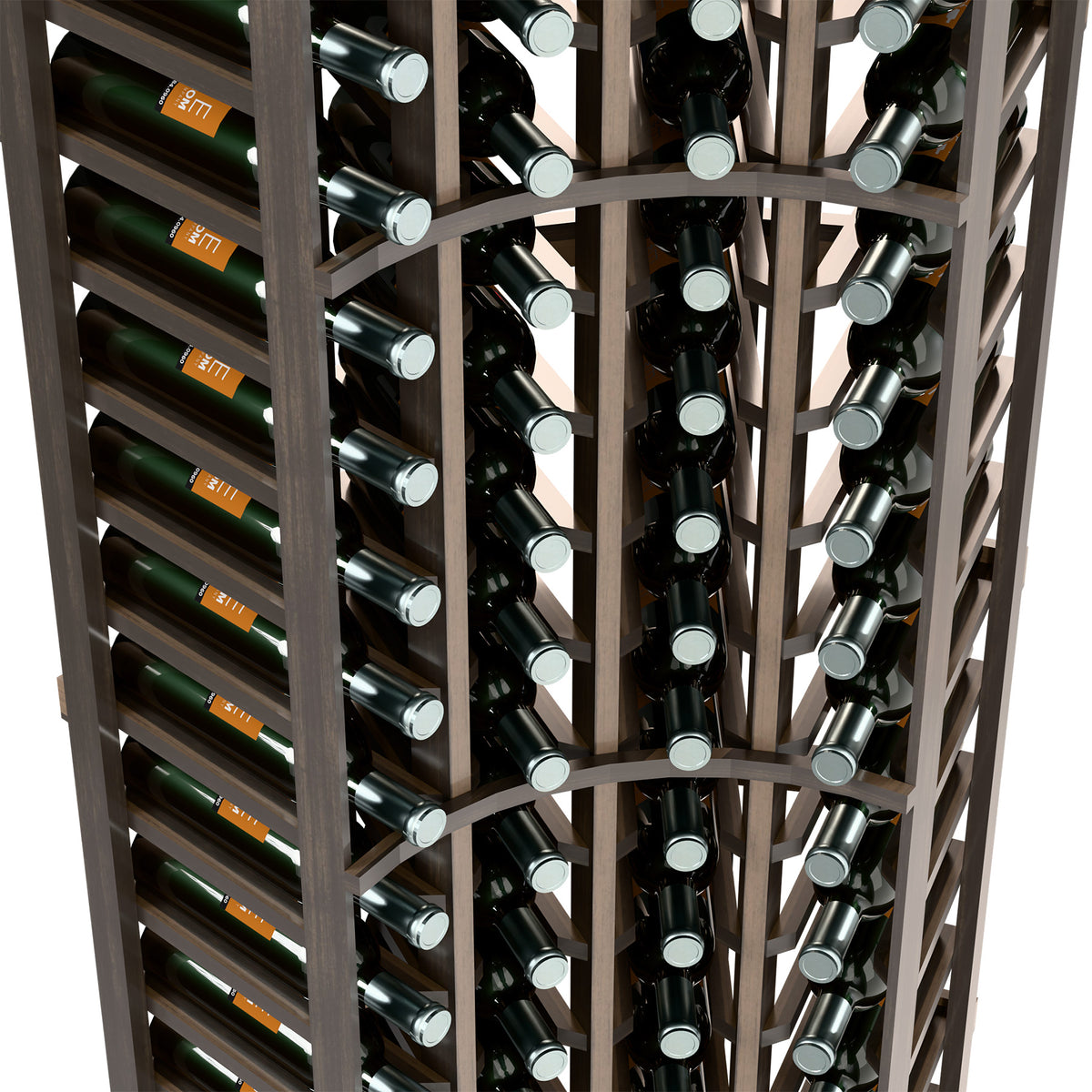 Wine bottle rack close-up with angled bottle storage and dark wood supports