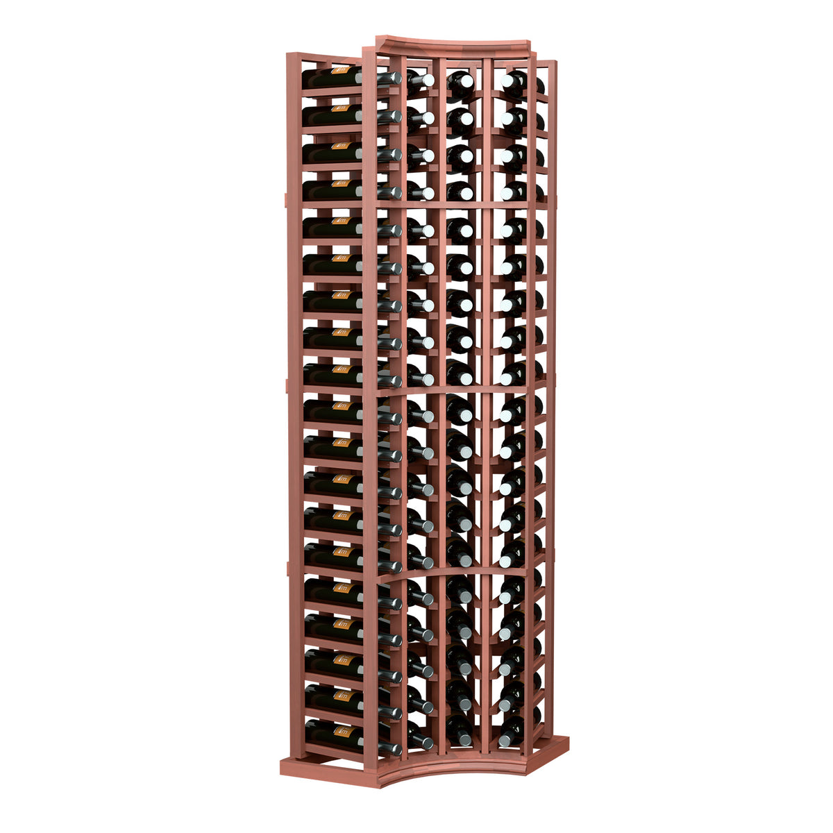Wine bottle rack with curved corners, reddish wood frame, front view of bottle slots