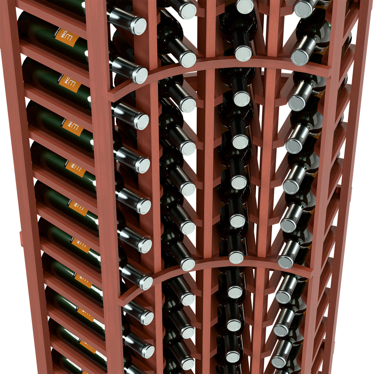 Wine bottle rack interior close-up with bottles arranged in rows inside reddish wood frame