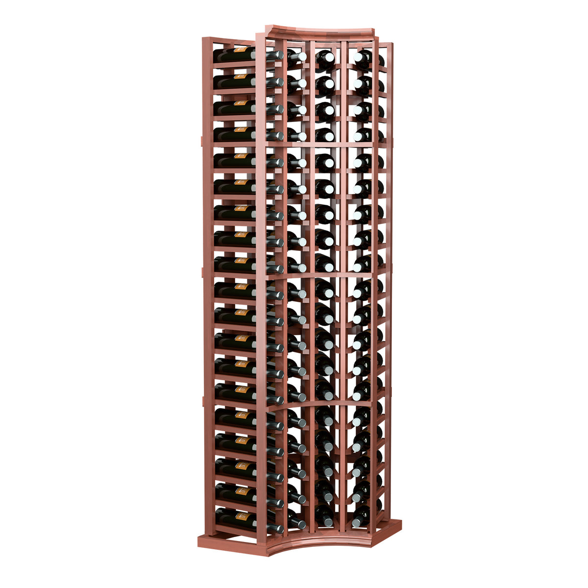 Standing wine bottle rack with curved corner style, reddish frame and bottle storage grid