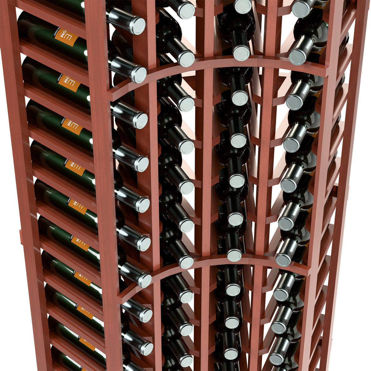 Wine bottle rack close-up showing angled bottle rows within reddish wood lattice