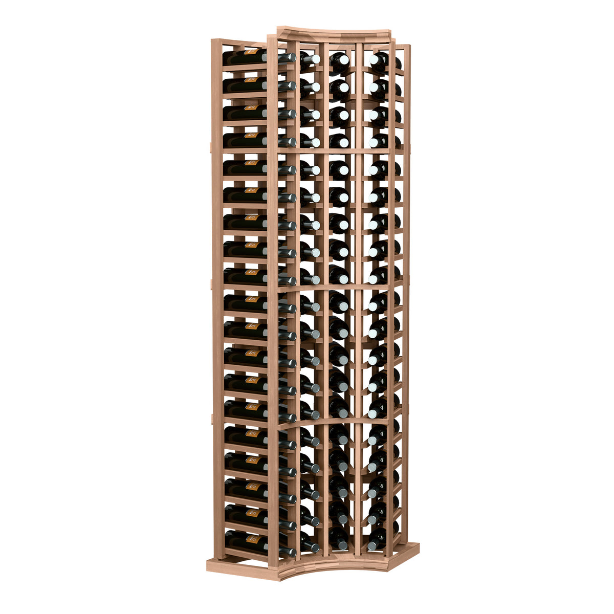 Curved-corner wine bottle rack with reddish wood frame and stacked bottle compartments
