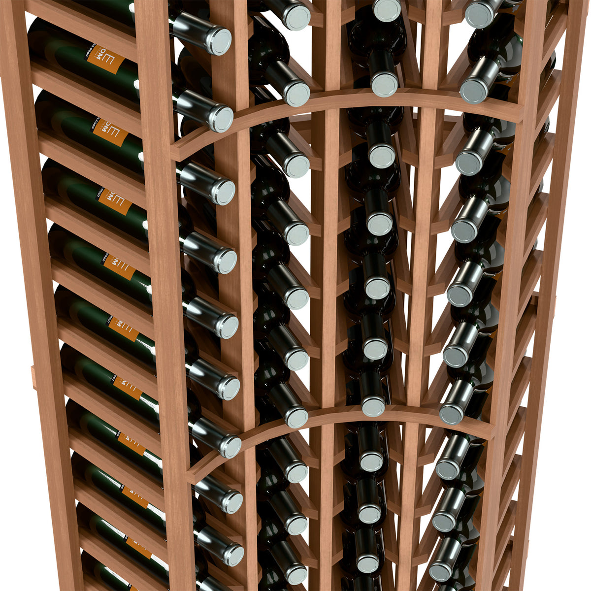 Wine bottle rack interior close-up with bottle ends facing out in light reddish wood frame