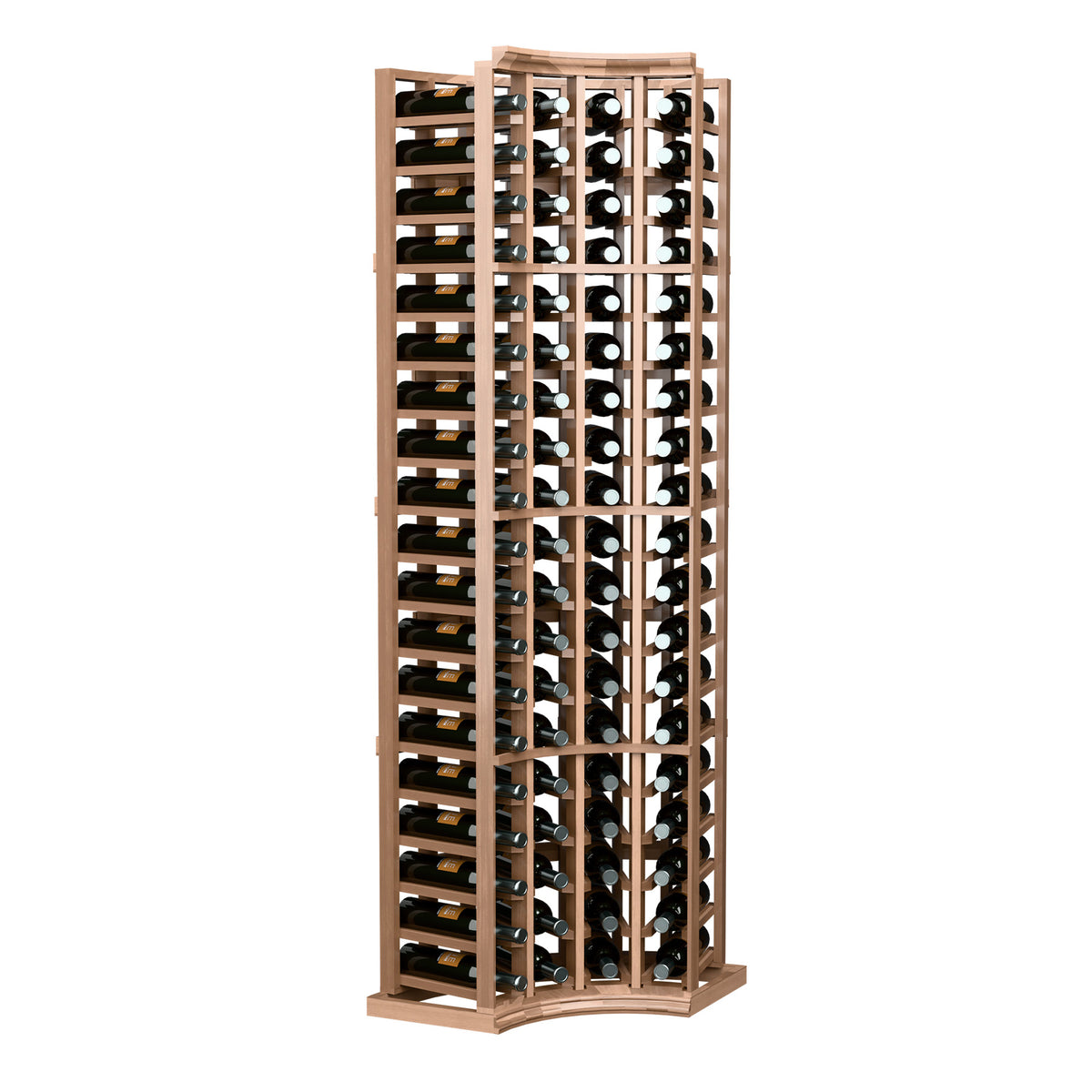 4-column curved corner wine bottle rack in natural wood, 6 ft, vertical bottle slots