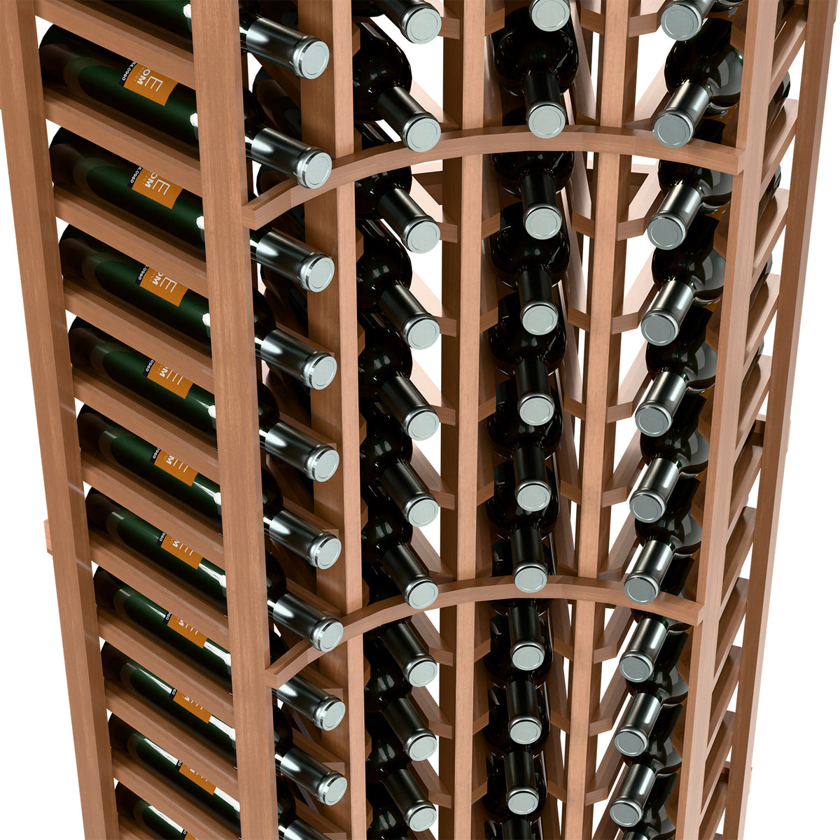 Natural wood curved corner wine bottle rack, close-up of vertical bottle holders