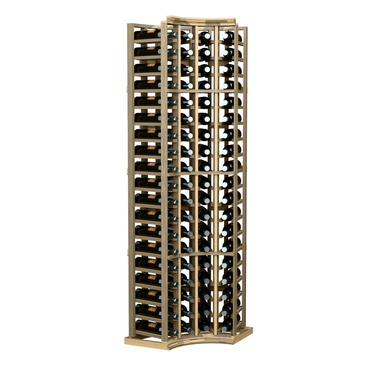 Natural wood 4-column corner wine rack with curved edge, front openings for bottles