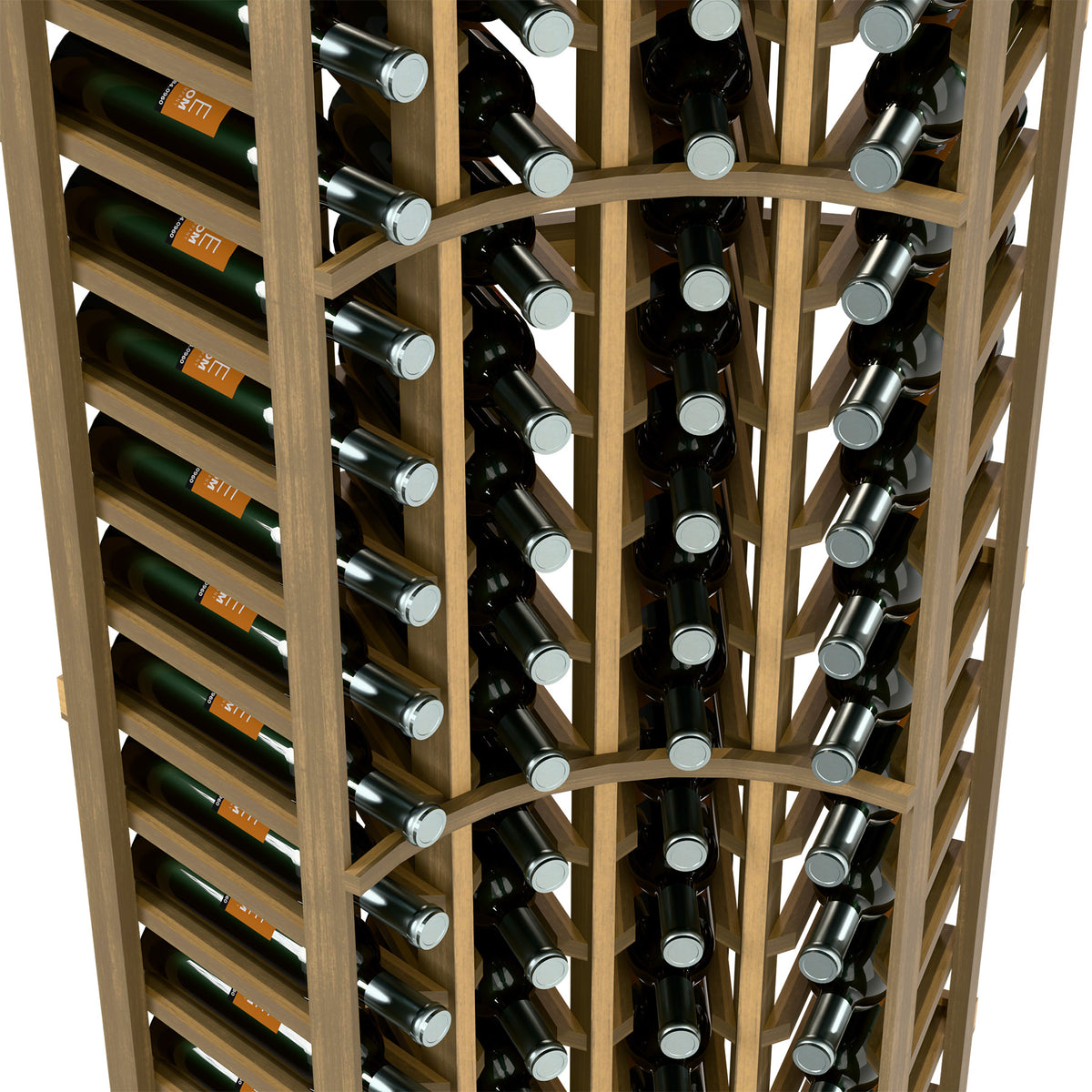 Natural wood curved corner wine bottle rack close-up, bottle neck cradles in rows