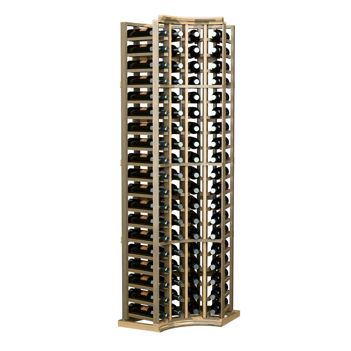 Natural wood 4-column curved corner wine rack, rectangular frame with bottle openings