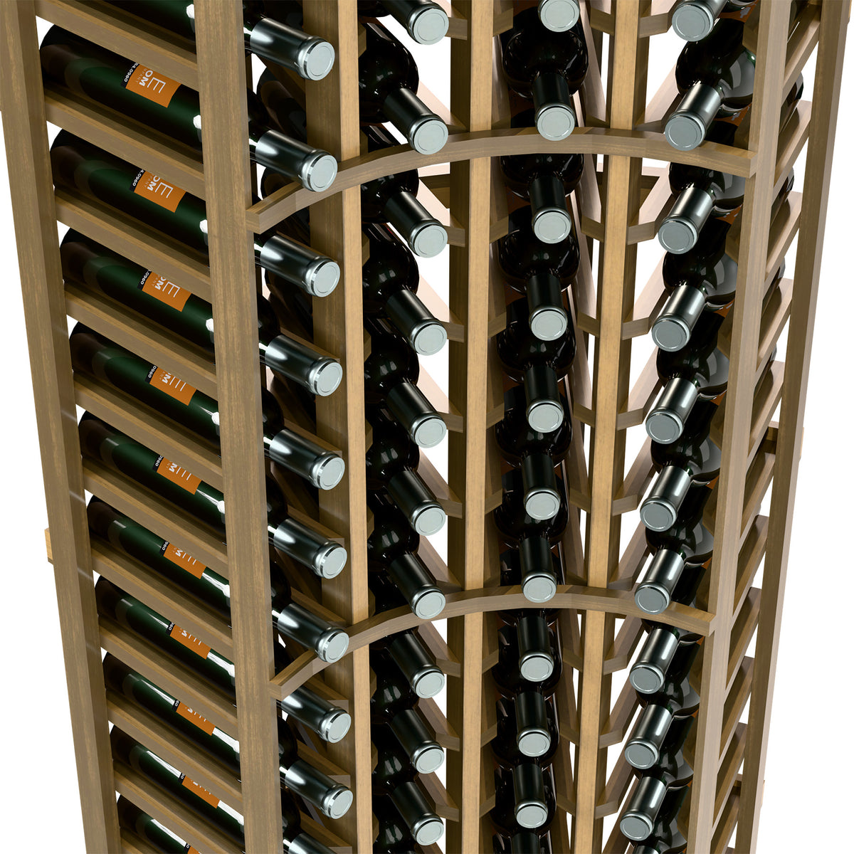Natural wood wine bottle rack close-up, vertical rows of bottles in circular slots