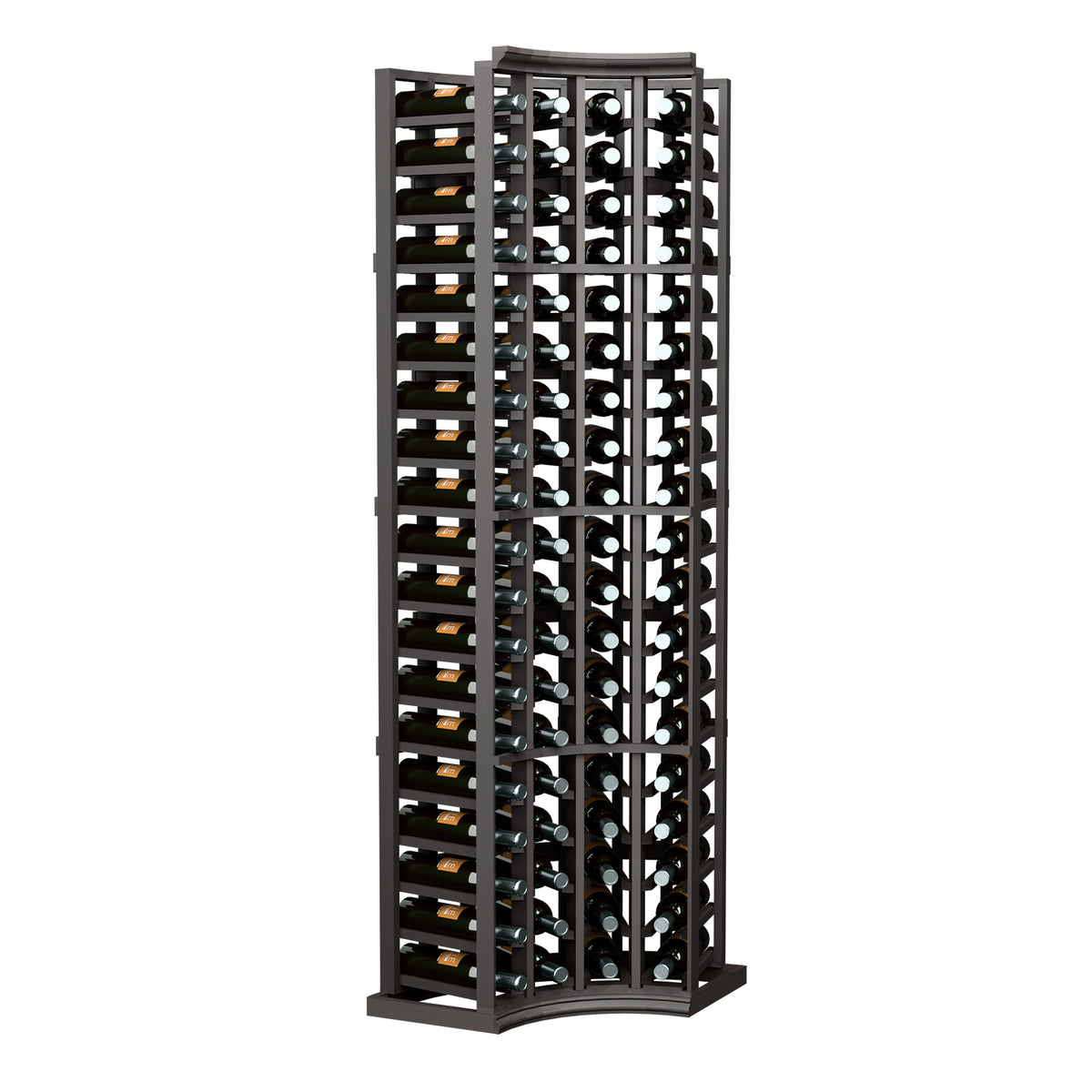 4-column curved corner wine bottle rack in dark finish, 6 ft, vertical bottle slots