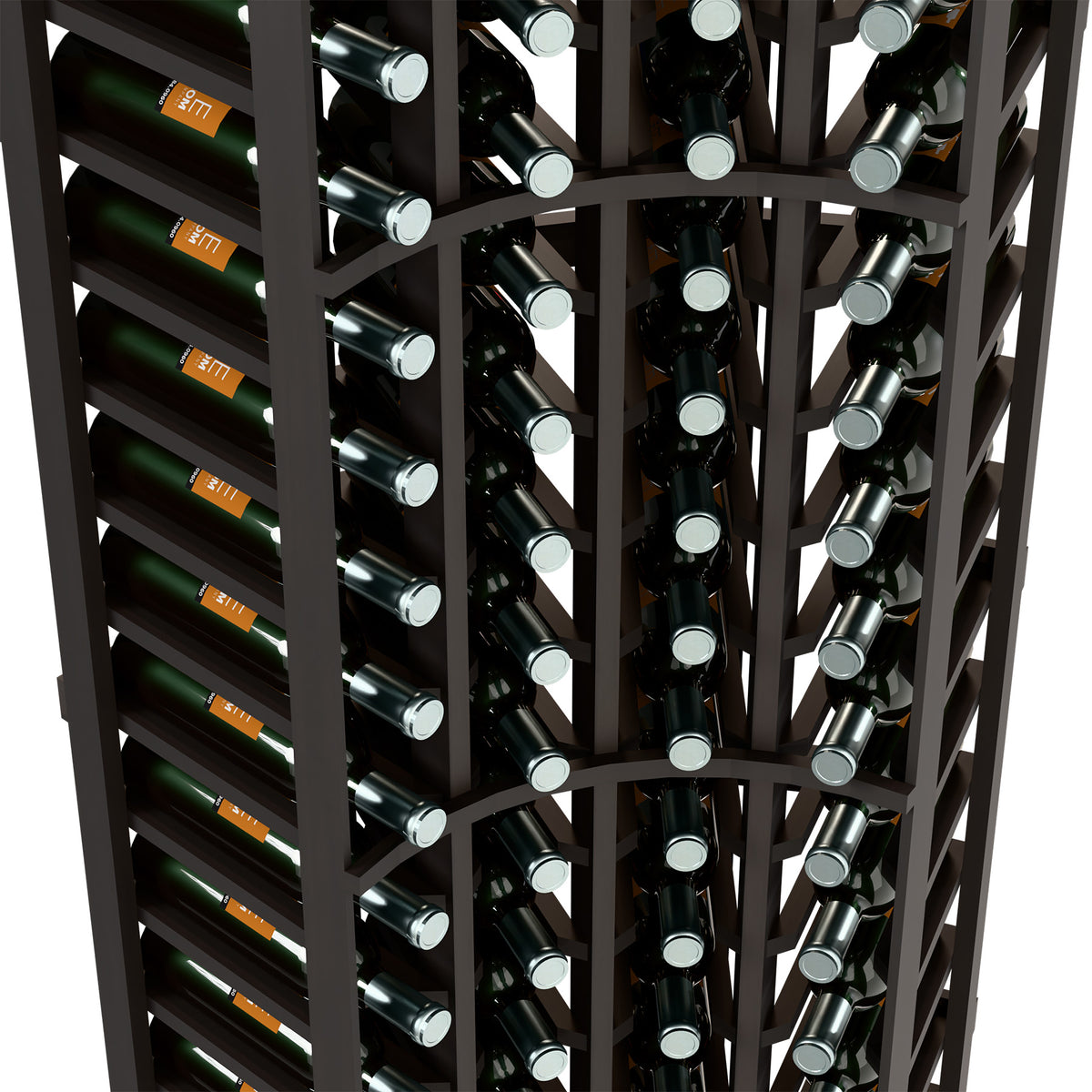 Dark wine bottle rack close-up, curved corner frame with bottle neck slots