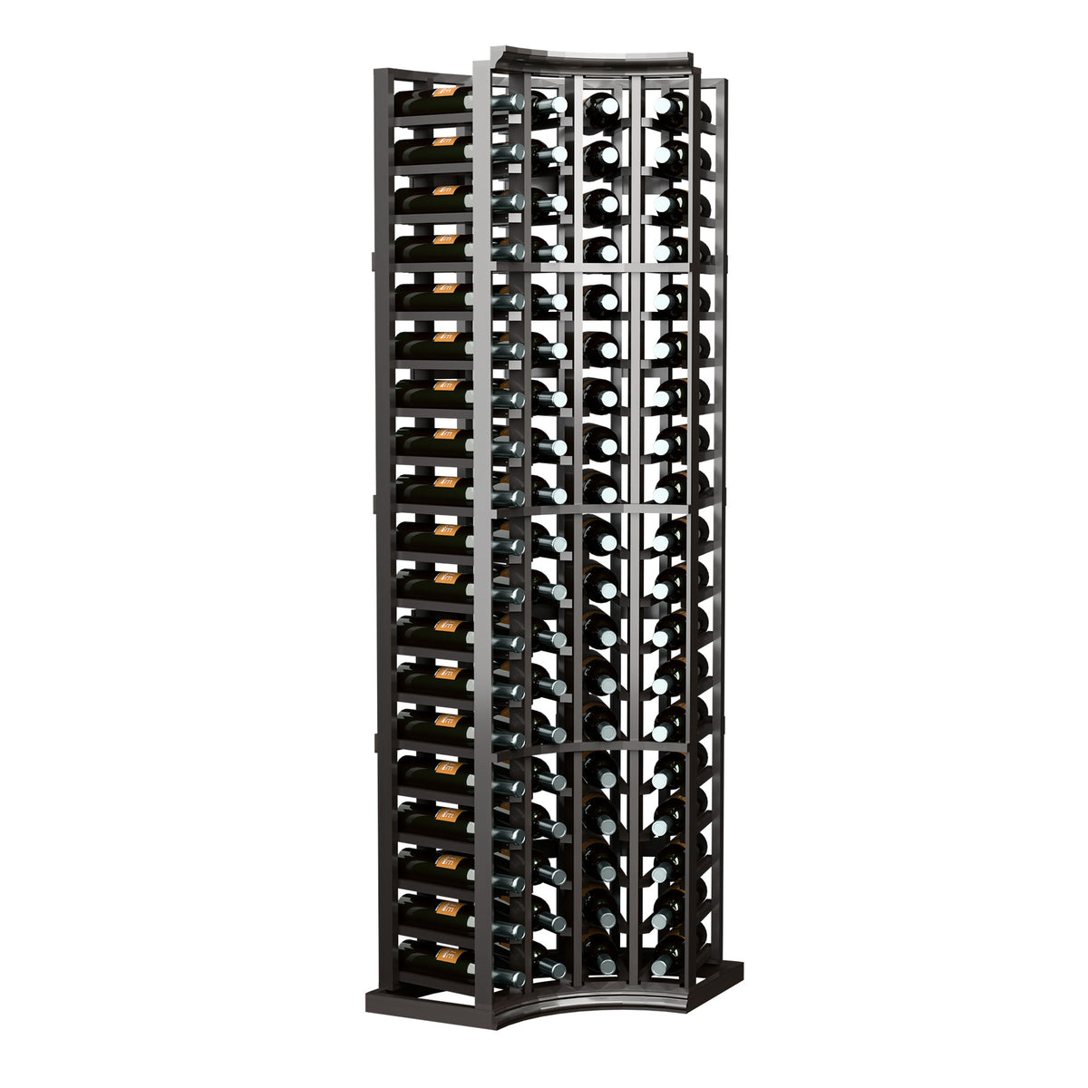 Dark 4-column curved corner wine rack, 6 ft, front view with bottle openings