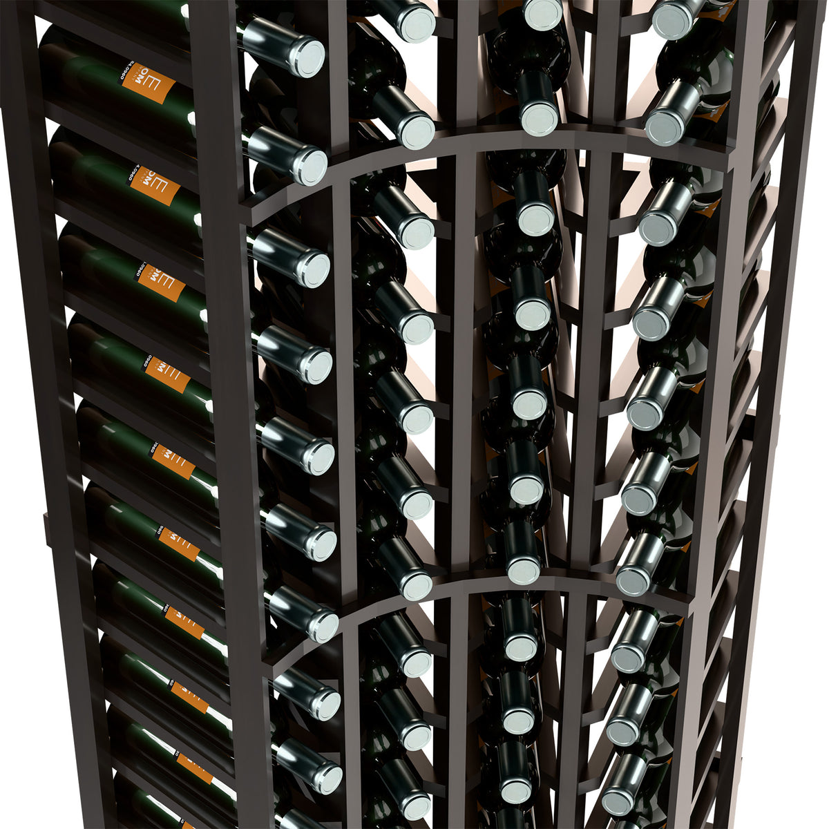 Dark wine rack close-up, vertical rows of bottles in circular holders