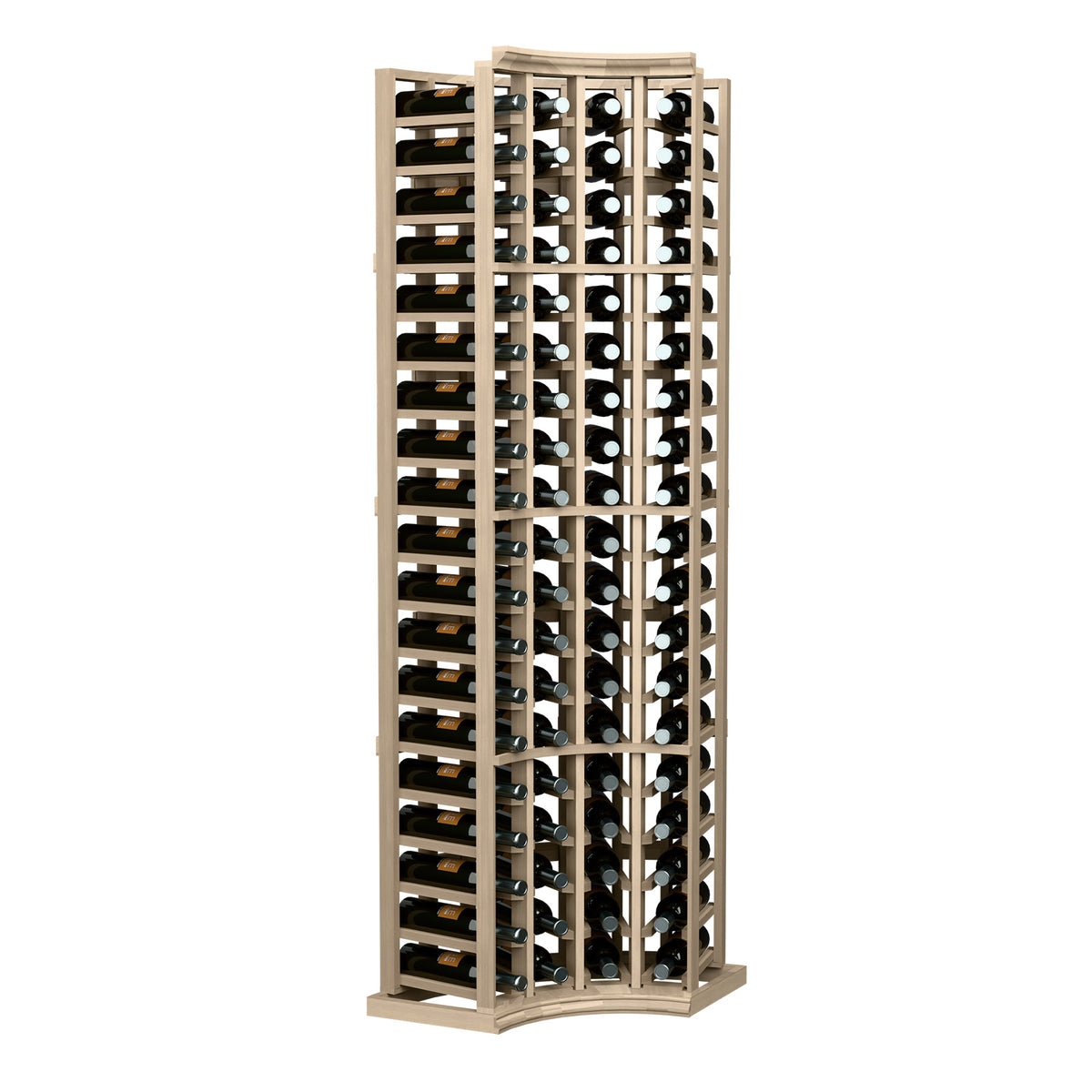 Wine bottle rack with curved corners, light wood frame, holds upright bottles in 4 columns