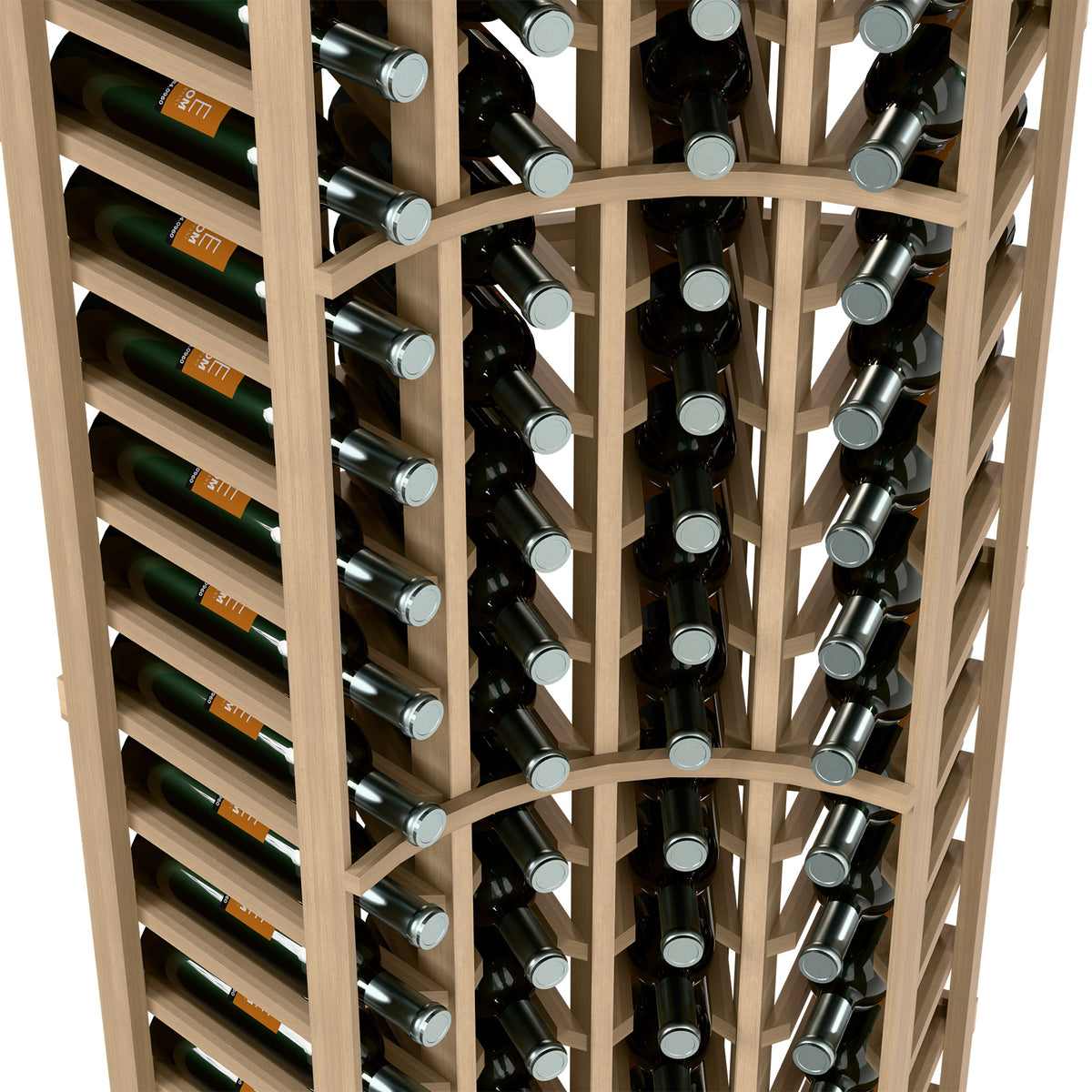 Wine bottle rack interior with light wood slats, holding upright wine bottles