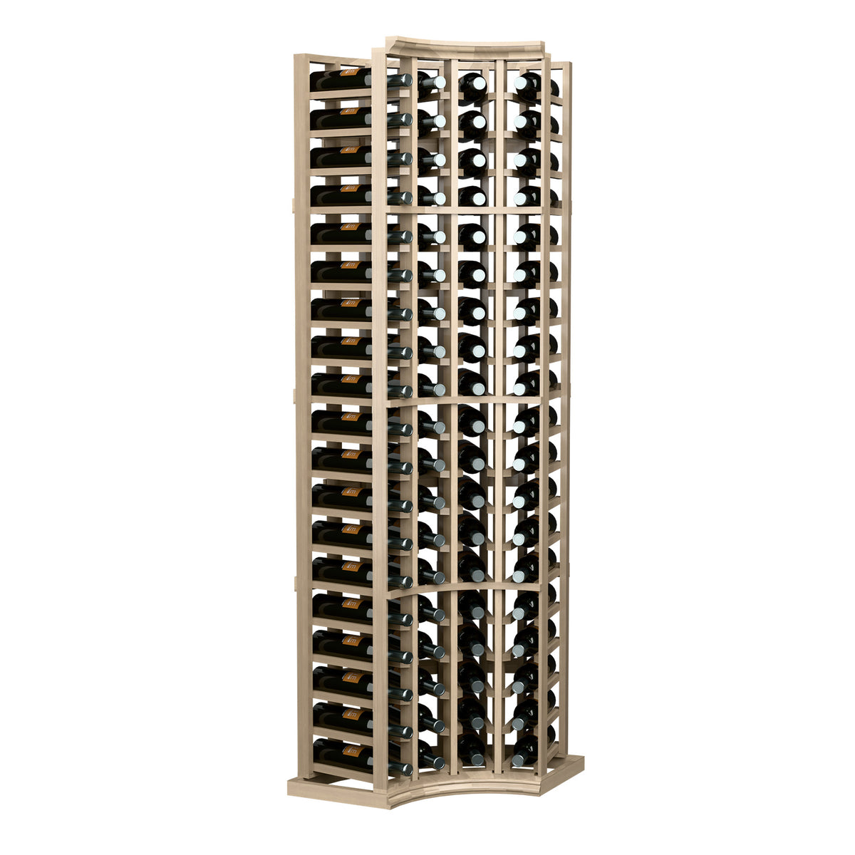 Wine bottle rack with curved corners, light wood finish, 4-column design for upright bottles