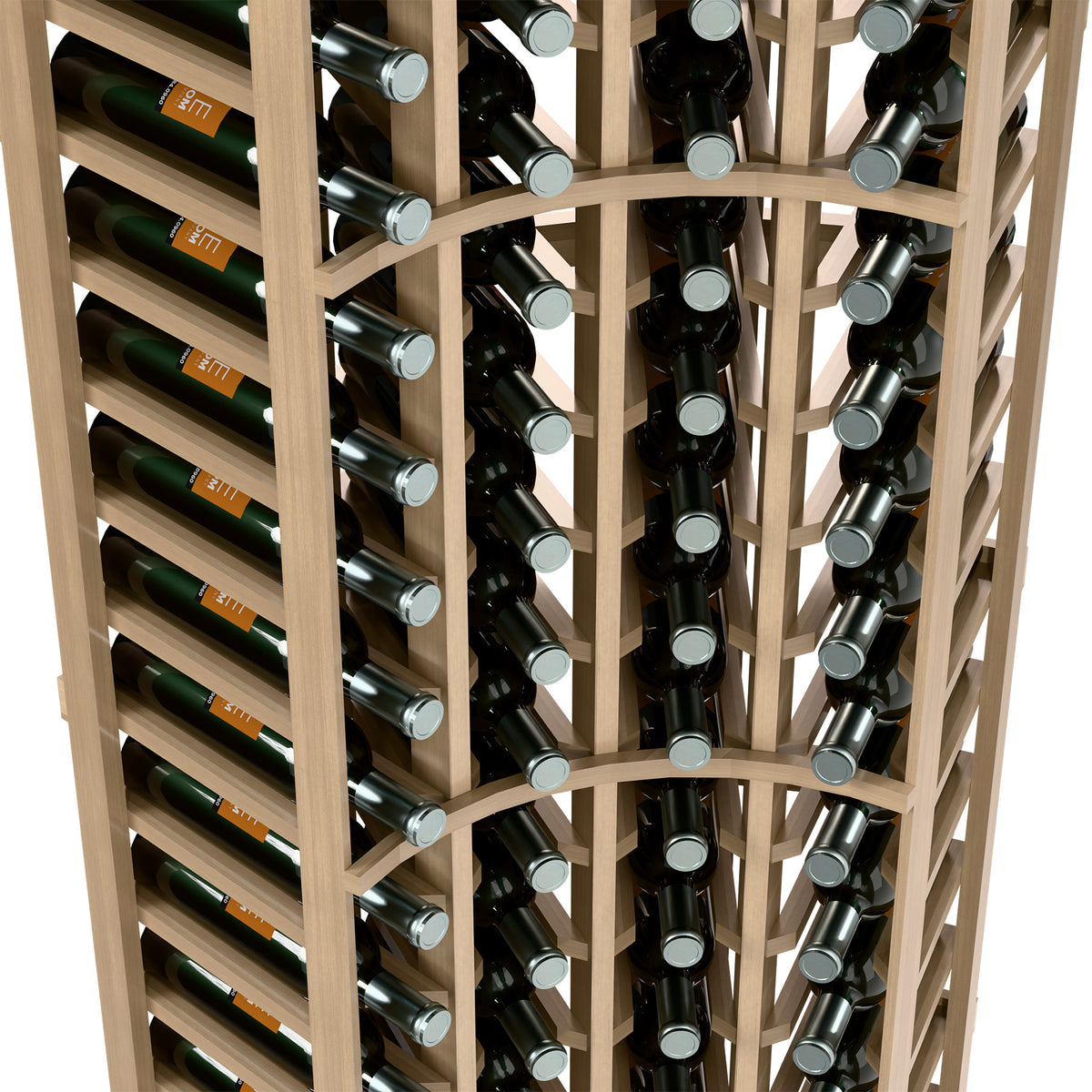Wine bottle rack interior with light wood dividers, upright wine bottles in rows