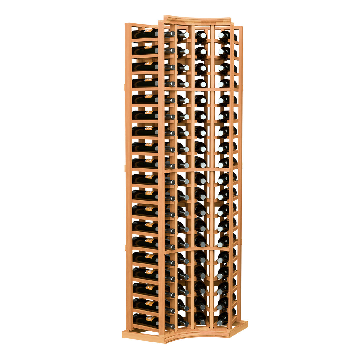 Wine bottle rack with curved corners, warm wood frame, 4 columns for upright bottles