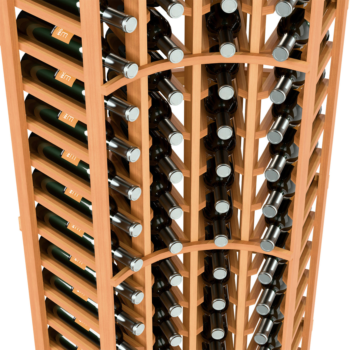 Wine bottle rack interior with warm wood slats, holding upright wine bottles