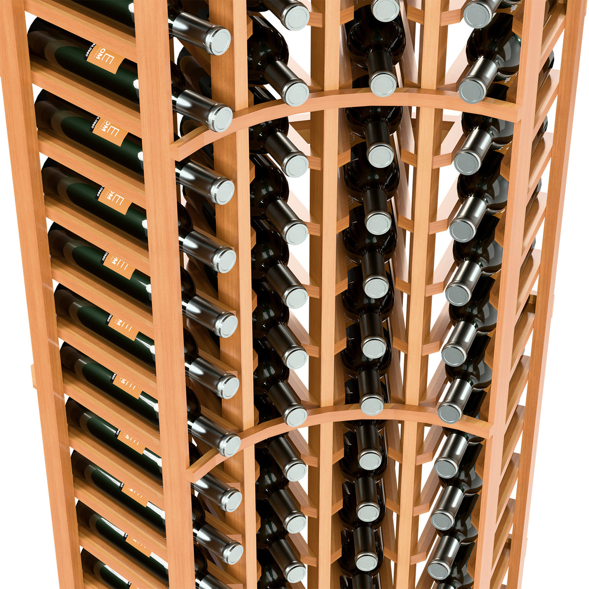 Wine bottle rack interior with warm wood dividers, upright wine bottles in rows