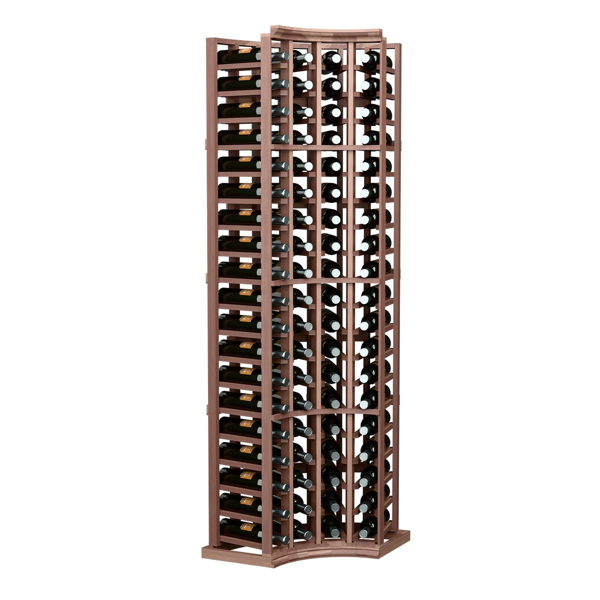 Wine bottle rack with curved corners, dark wood frame, 4 columns holding upright bottles