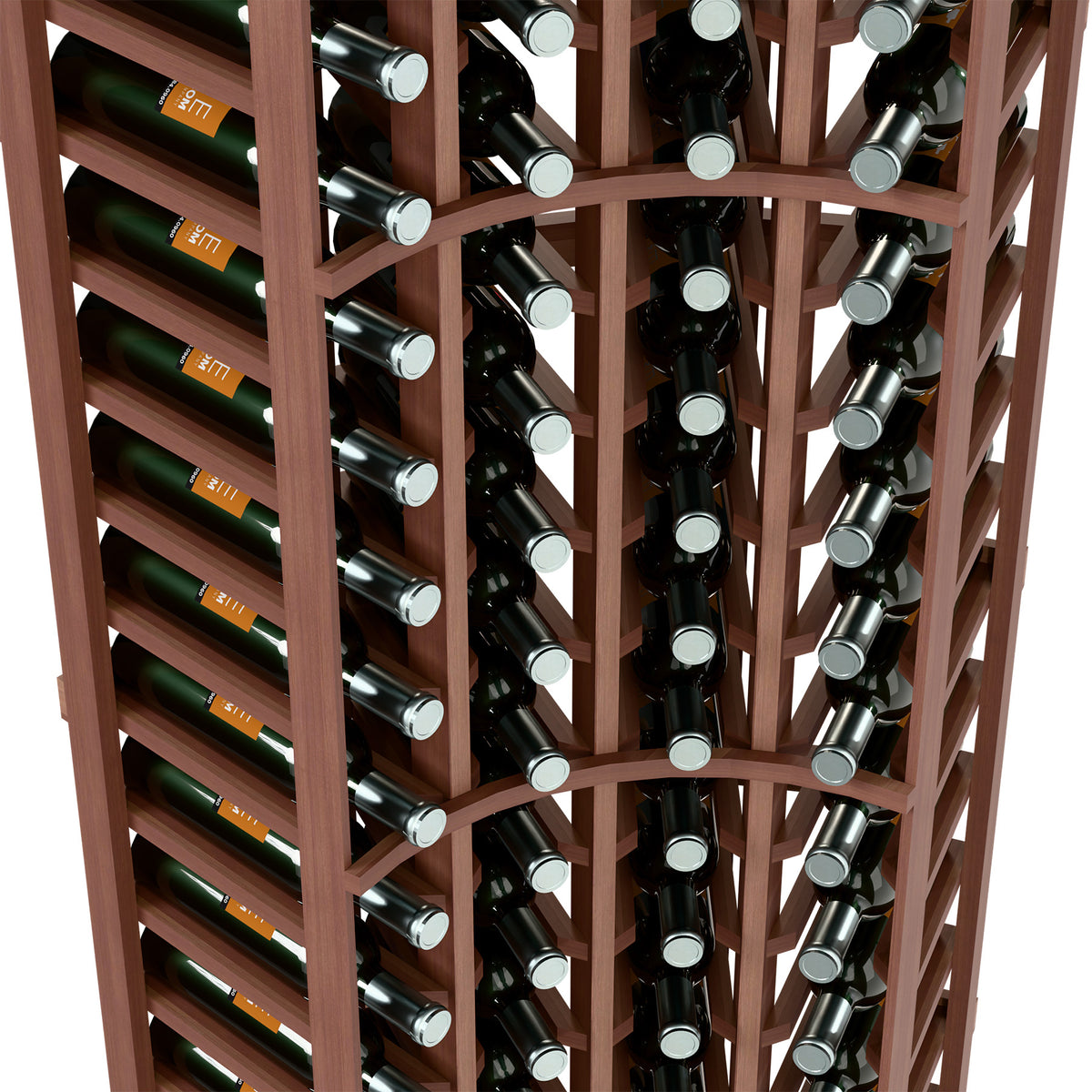 Wine bottle rack interior with dark wood slats, upright wine bottles secured in rows