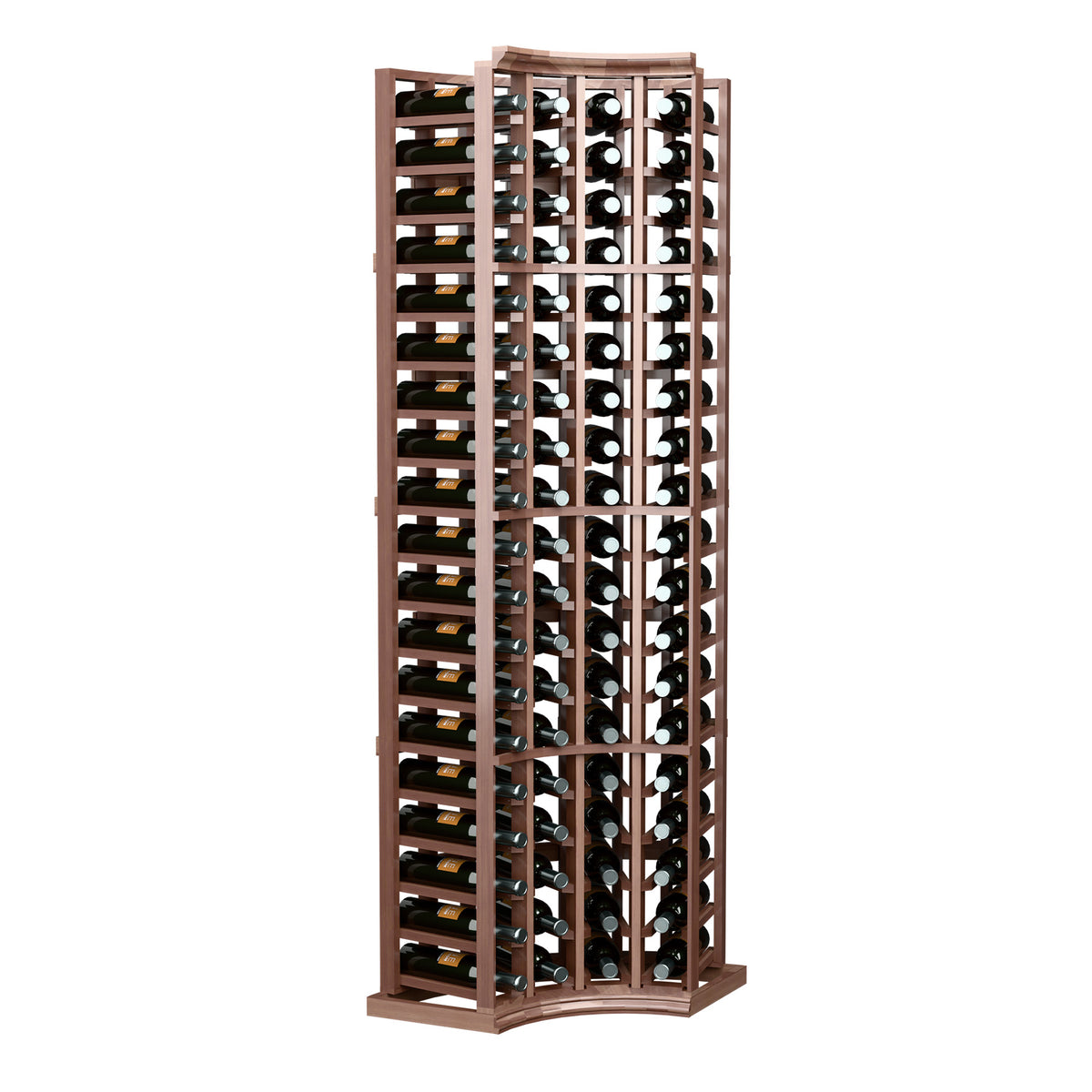 Wood wine bottle rack with curved corners, 4-column design holding many bottles