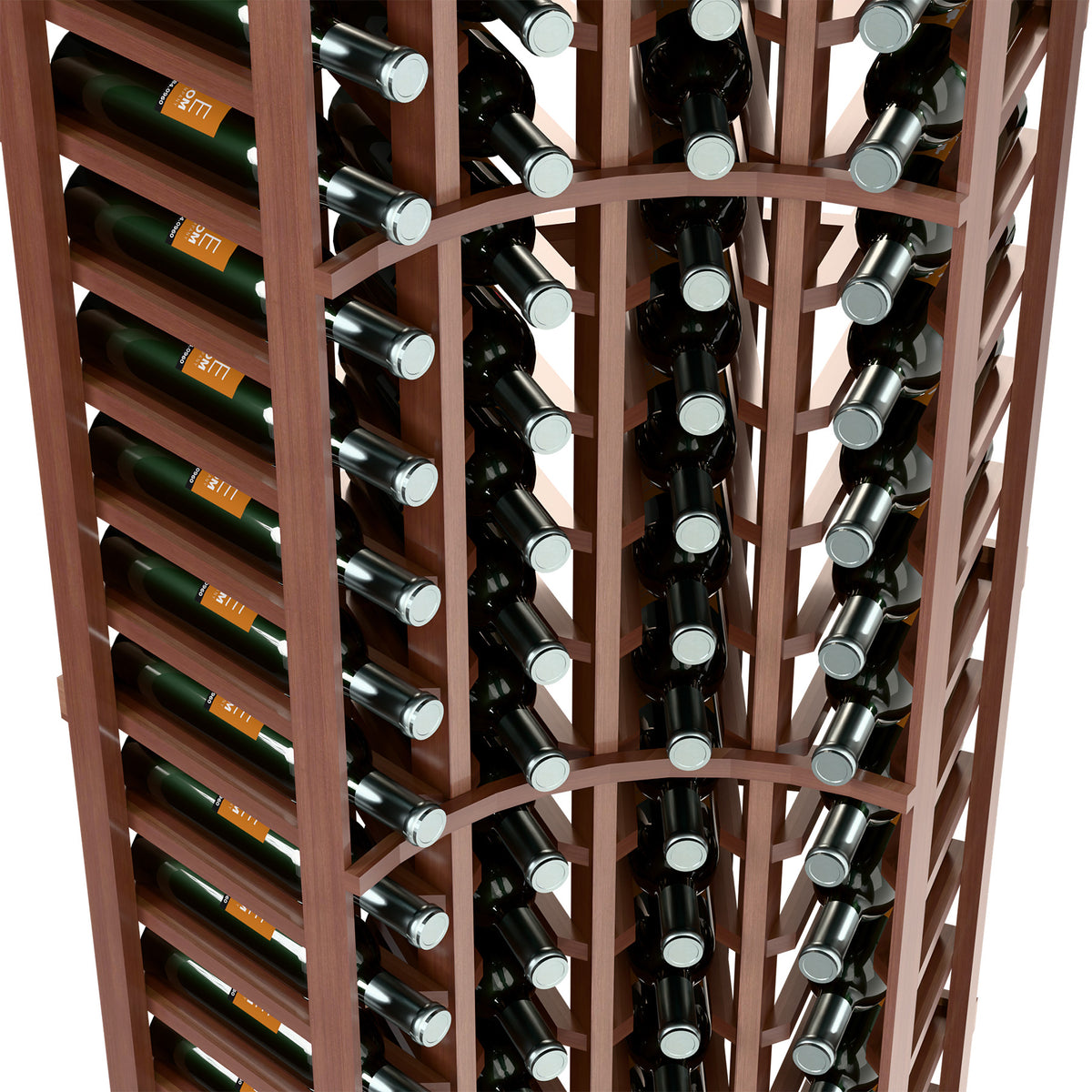 Wood wine rack detail: bottles in grid rows with silver bottle holders