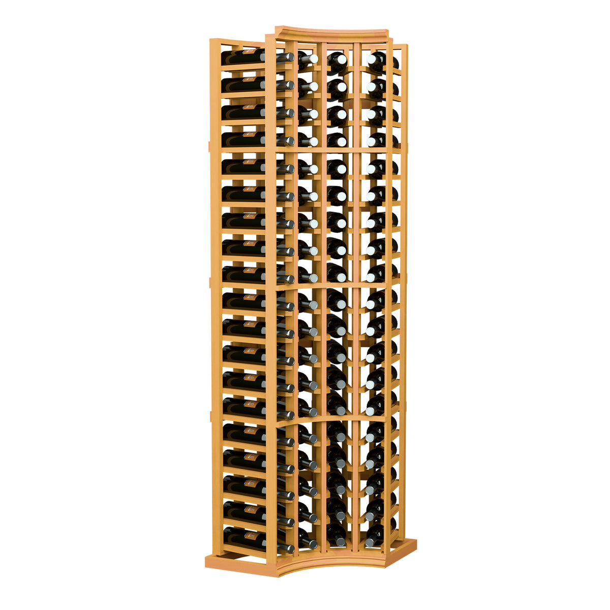 Wood wine bottle rack with curved corner frame, 4 columns for bottle storage
