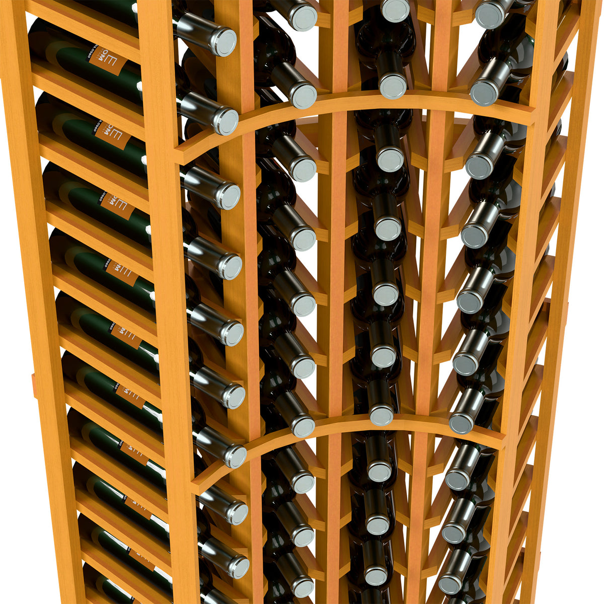 Wood wine rack close-up: dark bottles in divided slots with silver holders