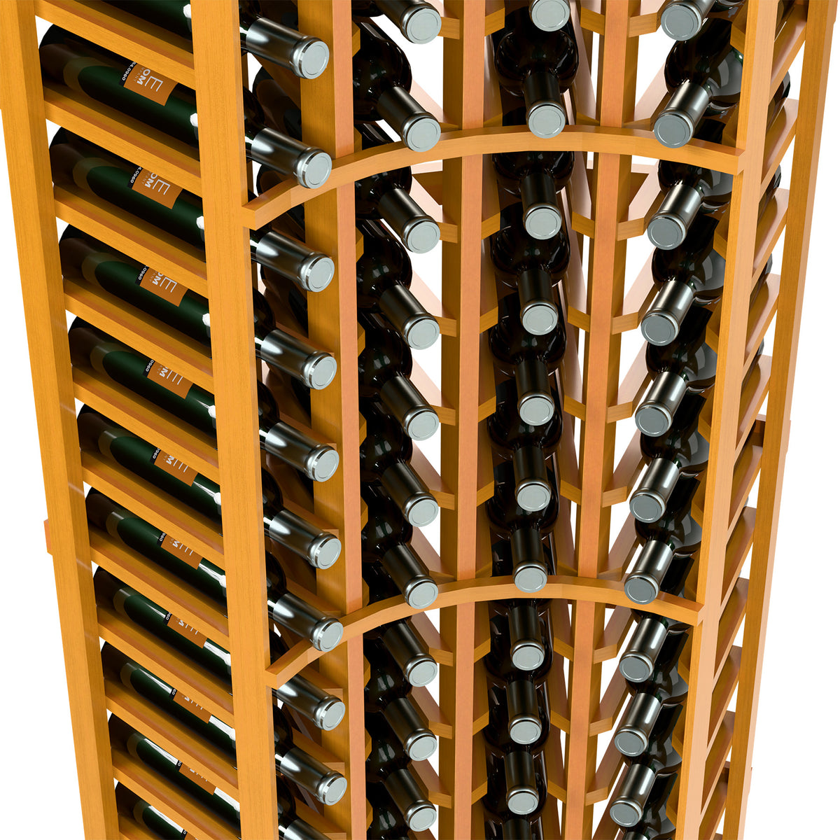 Light wood wine rack close-up: green and dark bottles in parallel slots