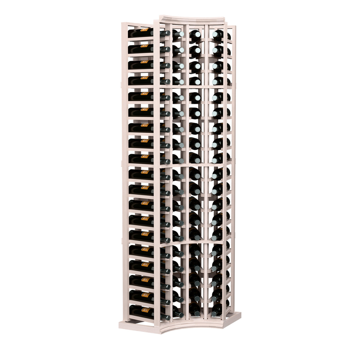 Dark wood wine bottle rack with curved corners and 4-column design