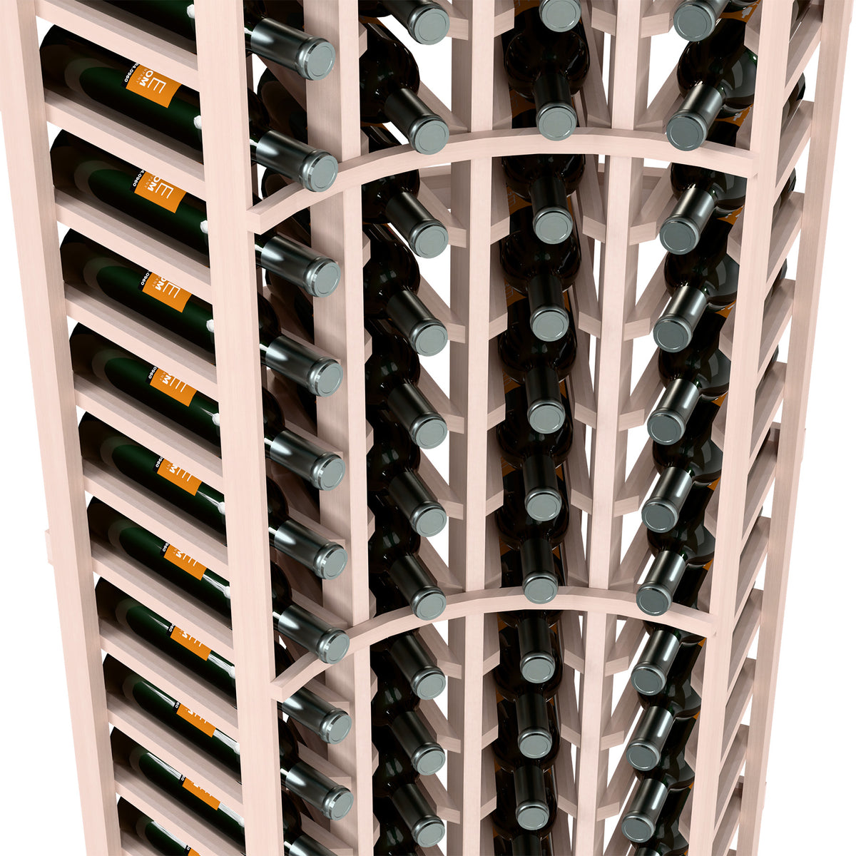 Light gray wine rack detail: bottles in grid compartments with metal neck holders