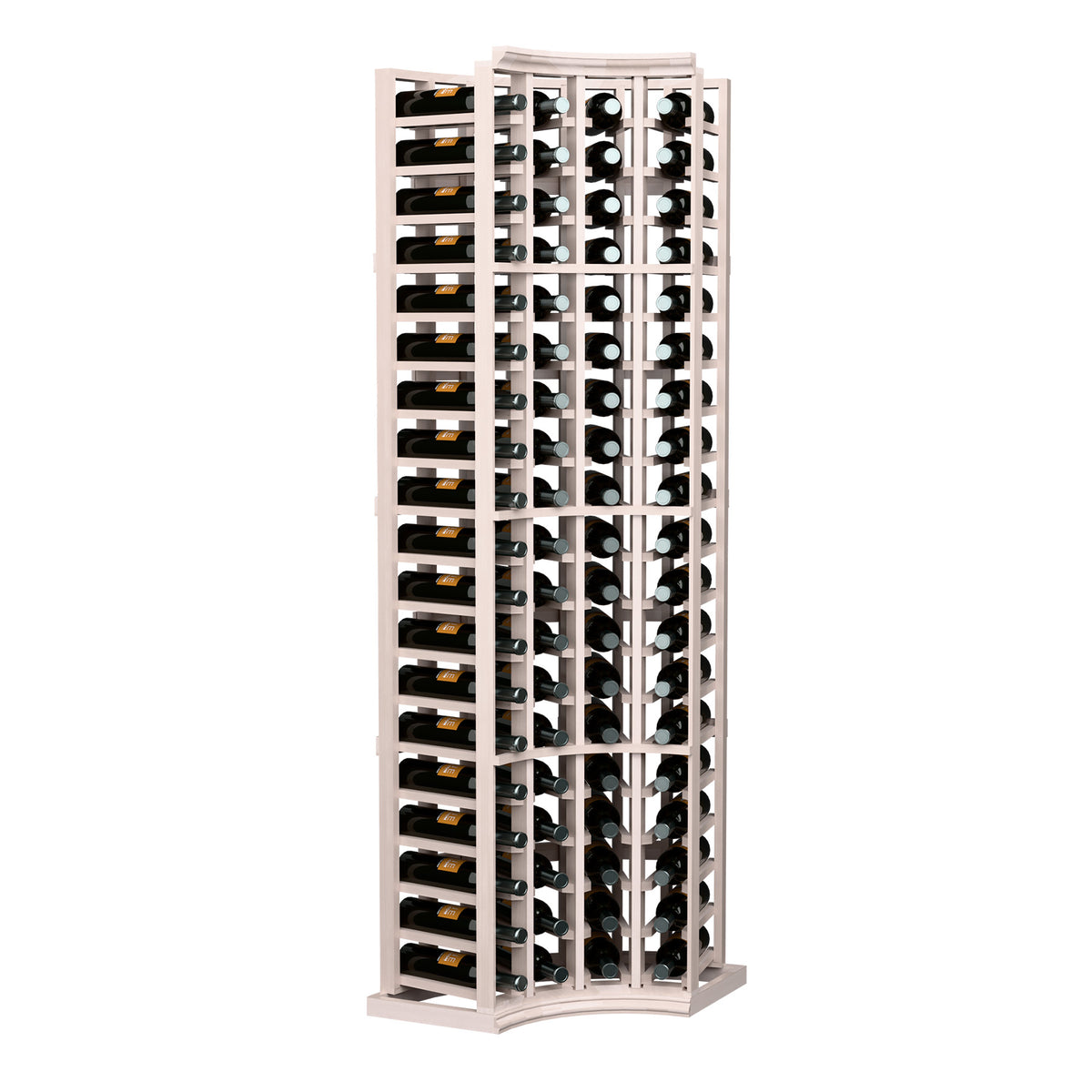 Light gray wine bottle rack with curved corners and 4-column frame for bottles