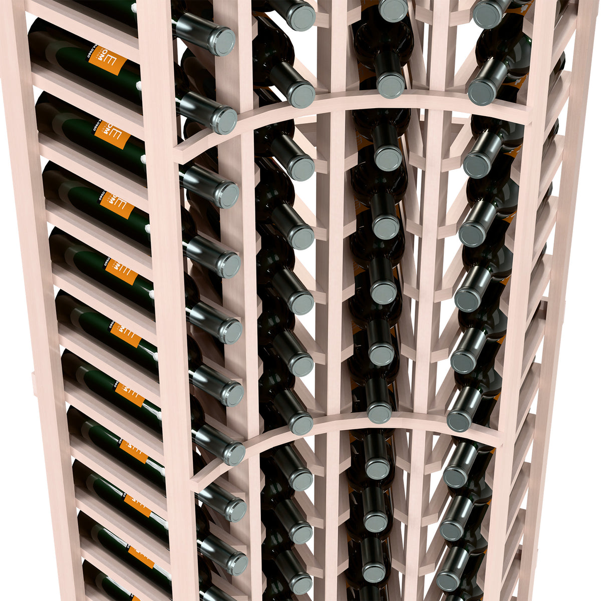 Light gray wine rack close-up: bottles in vertical slots with circular metal holders