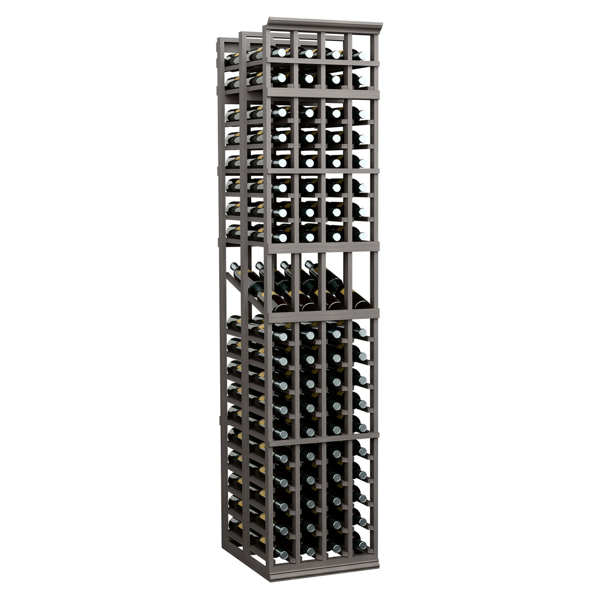 4-column double deep wine bottle display rack with dark frame and filled bottle slots.