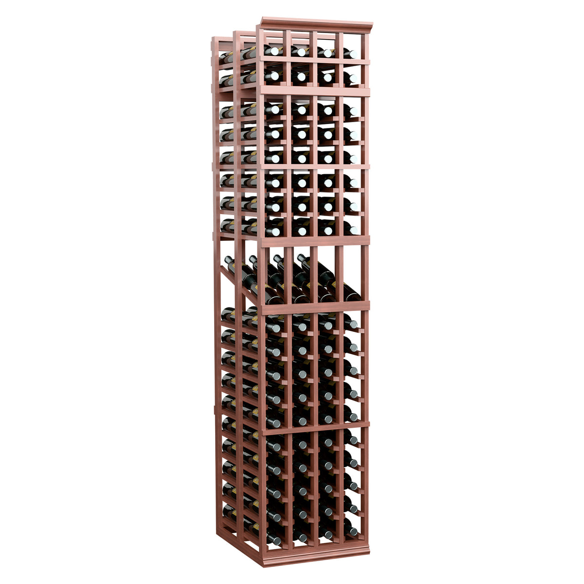 4-column double deep wine bottle display rack with reddish-brown frame and wine bottles.