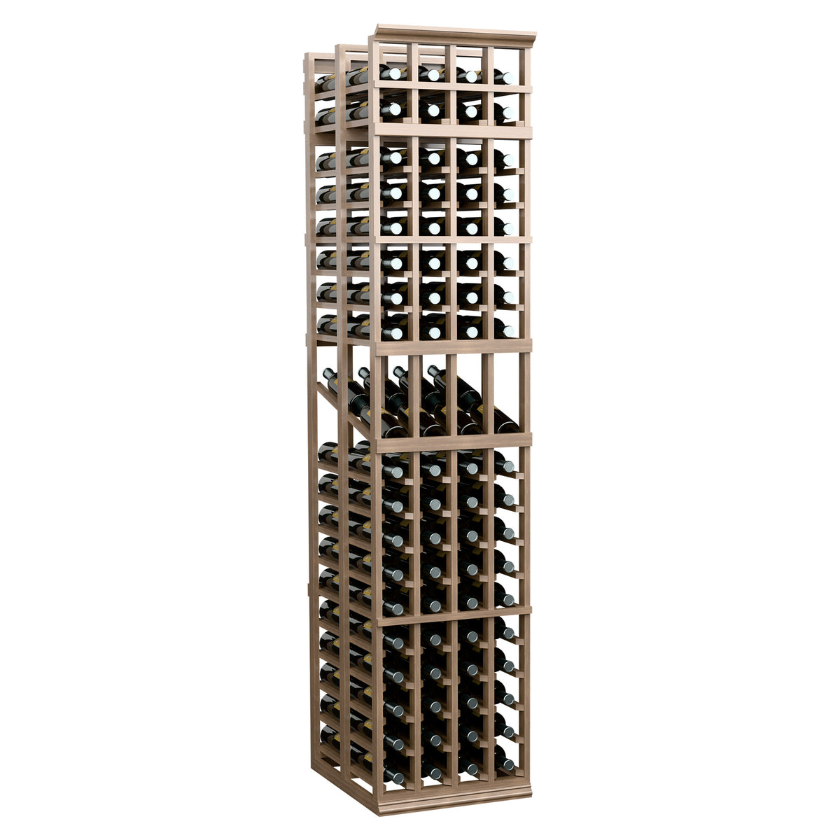 4-column double deep wine bottle display rack with light wood frame and bottle display openings.