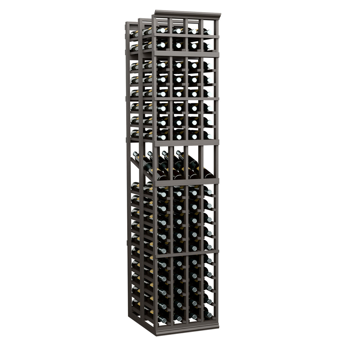 4-column double deep wine bottle display rack with dark frame and wine bottles in rows.