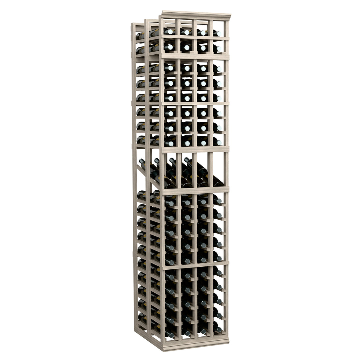 Light wood 4-column double-deep wine display rack with open grid shelves